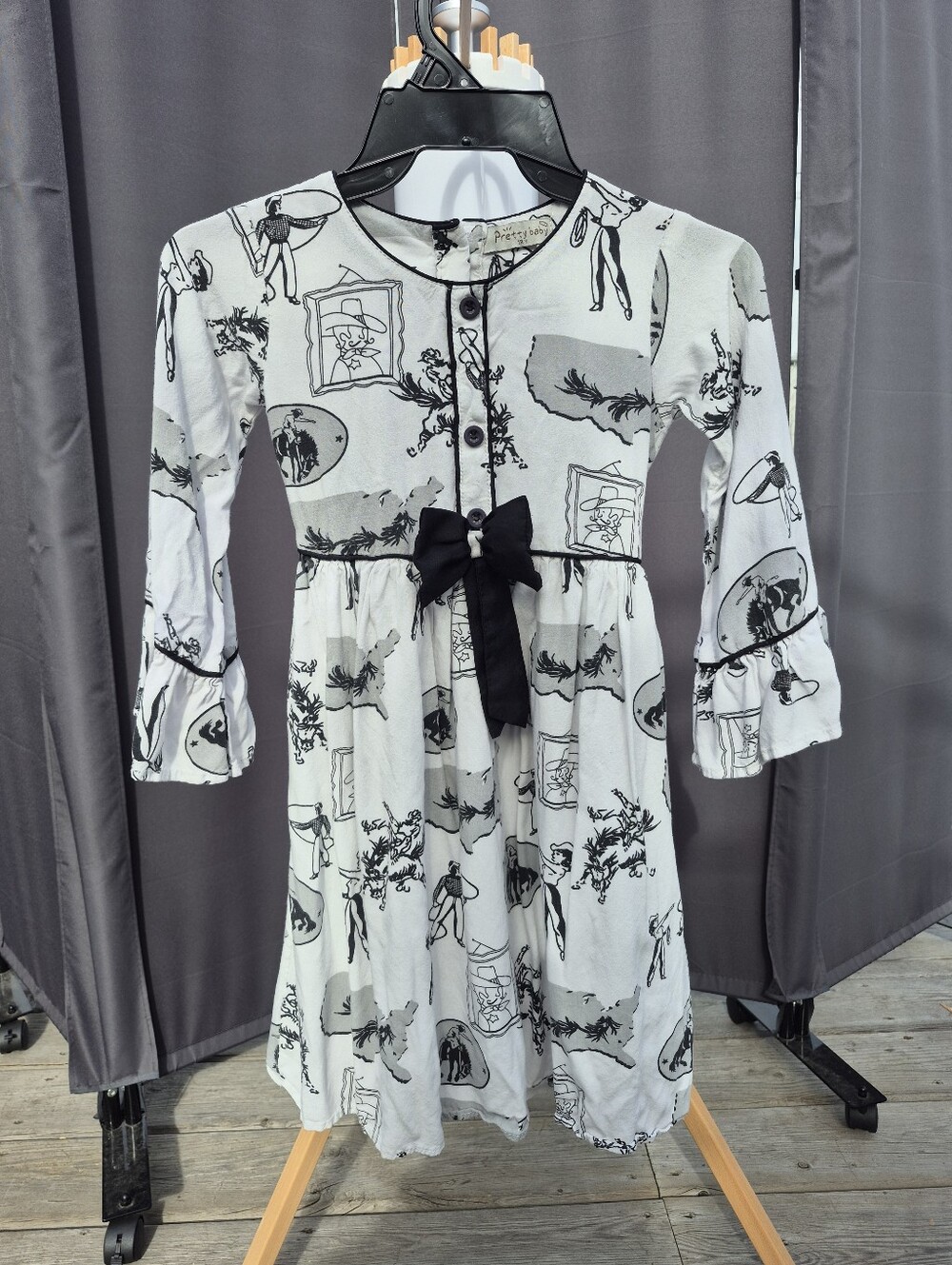 Girls' Western-core, Cowgirl, Monochrome Graphic Dress - Black & White - 12Y